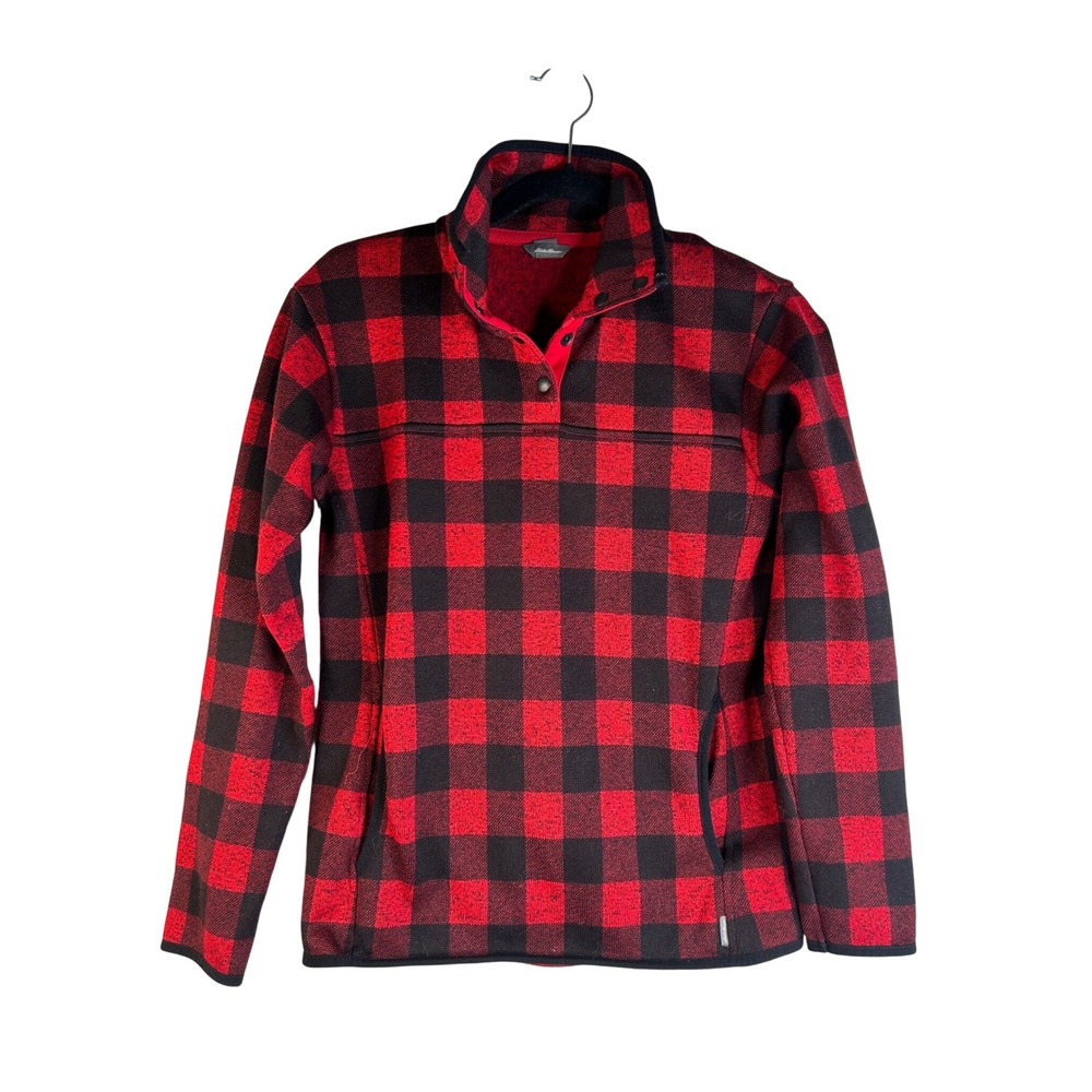Eddie Bauer Women's Red Buffalo‎ Plaid Snap Neck Fleece Pullover Sweater Size XS